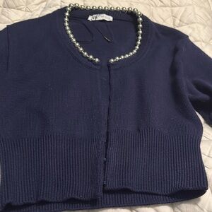 New ZARA cropped sweater . Size M . Navy blue with silver metal beads